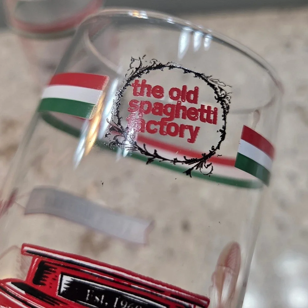 Vintage The Old Spaghetti Factory I Love Mizithra Trolley Drinking Glasses Set 2